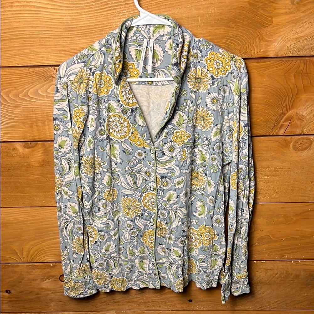 Anthropologie Floral Blue Yellow Women's Button Down Shirt MD long sleeve